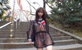 Mikan Cute Asian student flashes her way through town
